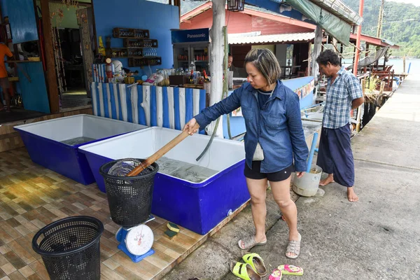 アオ ・ ヤイのレストランで貝の重量を量る女性 — ストック写真