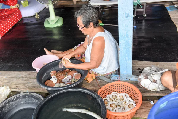 Mujer abriendo las vieiras recogidas en Ao Yai en Tailandia — Foto de Stock