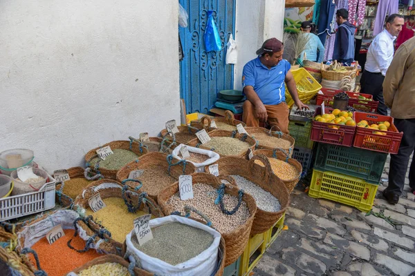 Sousse Túnez Noviembre 2019 Bolsas Legumbres Granos Saludables Mercado Sousse —  Fotos de Stock