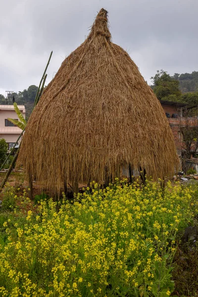 Rural landscape with haystack at Bandipur village in Nepal — Stock Photo, Image