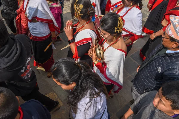 Kathmandu Nepal February 2020 Musicians Traditional Masked Dance Durban Square — Stock Photo, Image