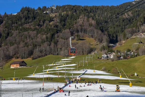 Engelberg Switzerland December 2019 Ski Lift Artificial Snow Manufactured Snow — Stock fotografie