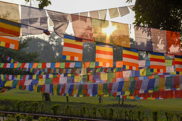Prayer flags at Maya Devi temple birth place of Buddha in Lumbini on Nepal
