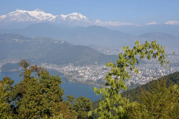 Arial Widok Miasto Pokhara Jezioro Phewa Himalajów Nepalu — Zdjęcie stockowe