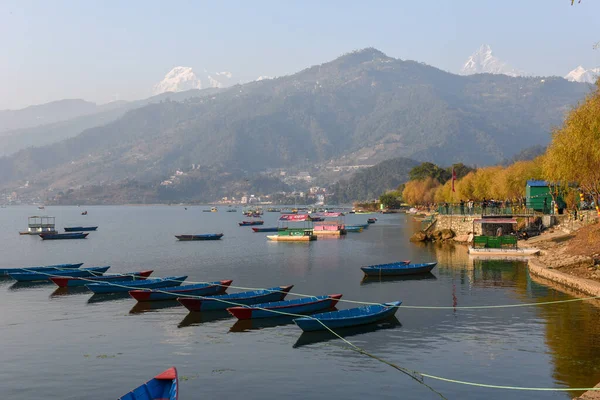 尼泊尔Pokhara的Phewa湖上的小木船 — 图库照片