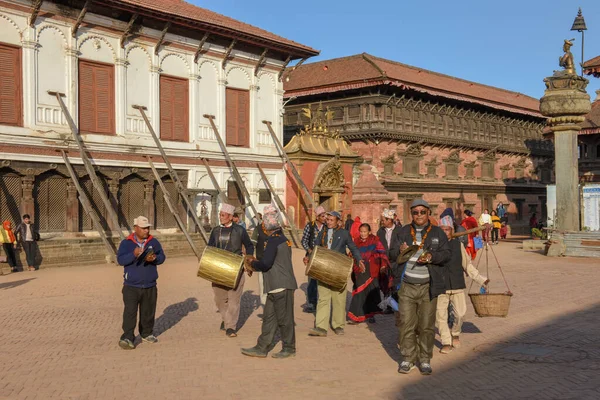 Bhaktapur Nepal Februar 2020 Traditionelle Musikgruppe Auf Dem Durban Platz — Stockfoto