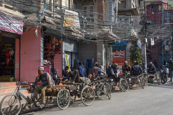 Katmandú Nepal Enero 2020 Conductores Rickshaw Esperan Sus Clientes Antiguo — Foto de Stock