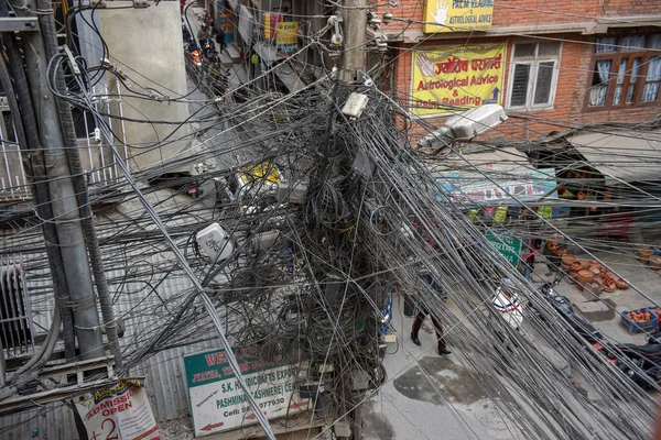 Multitud Cables Eléctricos Enredados Katmandú Nepal — Foto de Stock