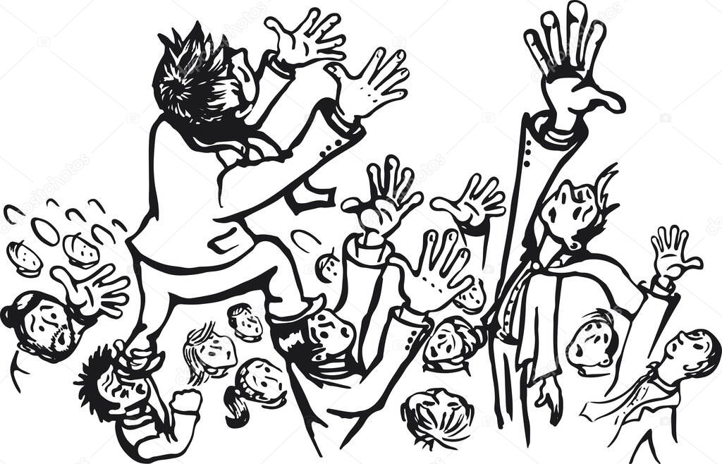 vector hand drawn black and white sketch of hysteric panic crowd reaching up