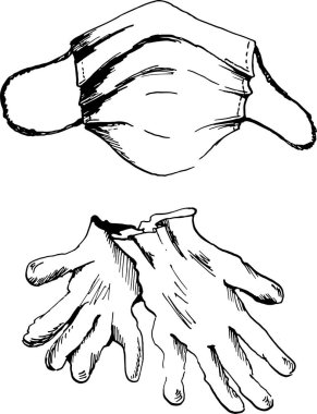 Kişisel koruma maskesi ve eldivenleri. Mürekkep el çizimleri. vektör illüstrasyonu