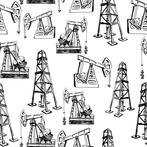 Деррік Насос Джек Нафтової Промисловості Безшовні Мальовані Чорнильні Ескізи Рук — стоковий вектор