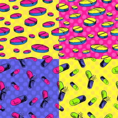 Karalama stili kusursuz arka plan kalıbını eczacılık haplarıyla ayarla. Vektör biçimi. renk