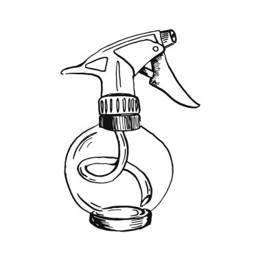 Sprey sprey şişesi siyah oultine çizim eli beyaz arkaplanda izole bir şekilde yakın plan çizilmiş.