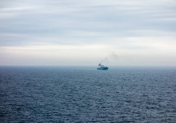 Large ship travelling in the North Sea in fog. — Stock Photo, Image