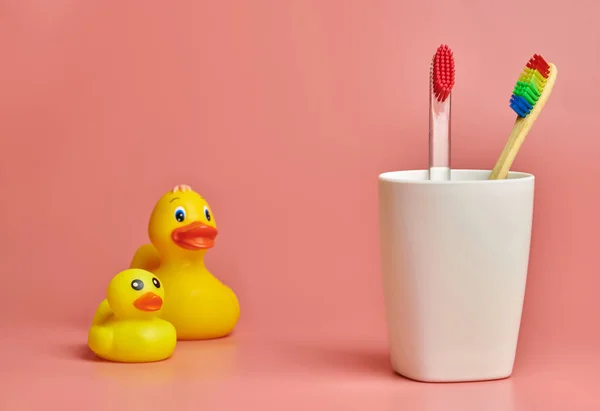 Two toothbrush and duck toy, copy space. Personal care tool for protect oral cavity, remove plaque and tartar. — Stock Photo, Image