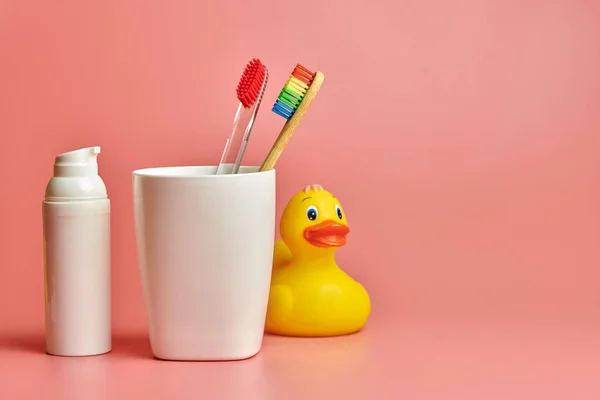 Two toothbrush, copy space. Protect oral cavity and personal care tools for bathroom. — Stock Photo, Image
