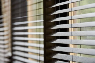 Ofis panjurları. Modern ahşap jalousie. Ofis toplantı odası aydınlatma aralığı kontrolü.