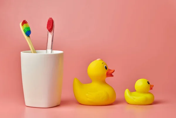 Two toothbrush and duck toy, copy space. Personal care tool for protect oral cavity, remove plaque and tartar. — Stock Photo, Image