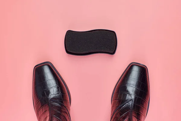 Woman shoes with polish sponge, copy space — Stock Photo, Image
