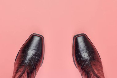 Kadın ayakkabıları, fotokopi odası, pembe arka plan. Ayakkabı bakımı veya tasfiye satış konsepti.