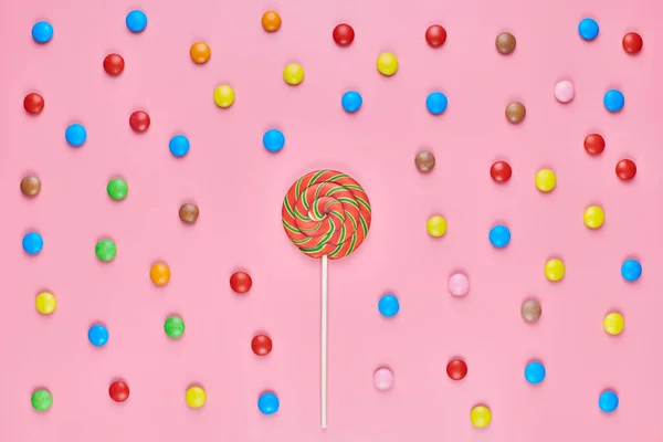 Sweet Lollipop Candy Pink Background Copy Space Love Colorful Sweetmeats — Stock Photo, Image