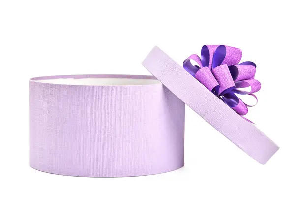 Caja Regalo Redonda Con Lazo Aislada Caja Abierta Púrpura Para — Foto de Stock