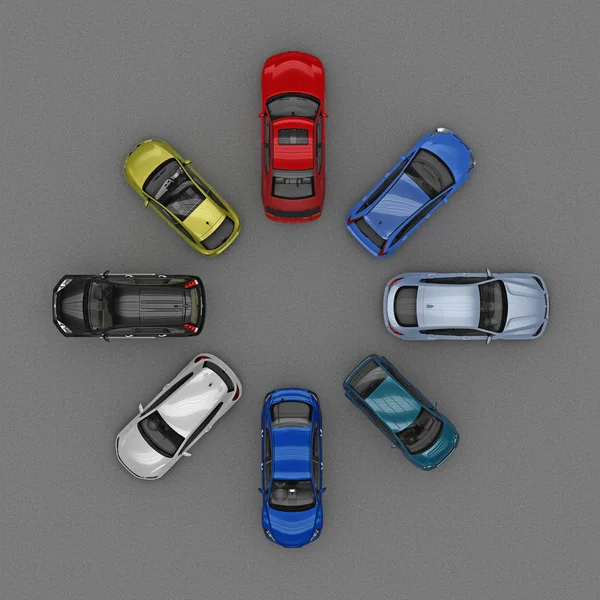 Autos, die in Kreisform stehen. von oben 3D-Rendering — Stockfoto