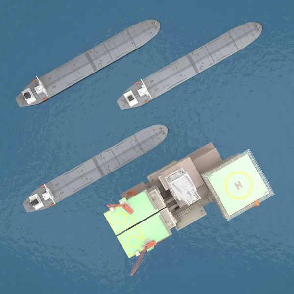 Oil platform with tankers top view 3d rendering — Stock Photo, Image