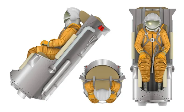 Astronauta com cadeira isolada na renderização 3d branca — Fotografia de Stock