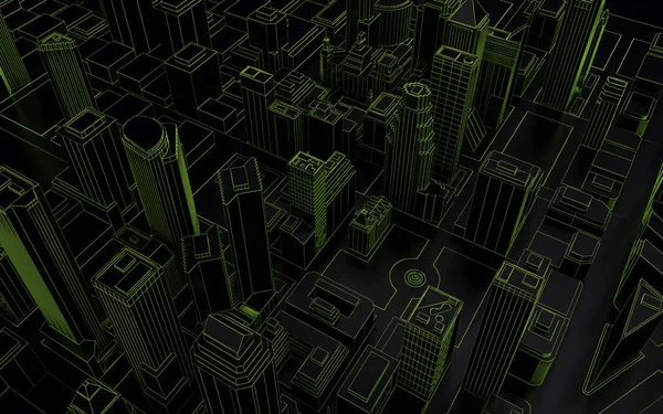 Oscuro bajo poli ciudad verde malla 3d renderizado — Foto de Stock