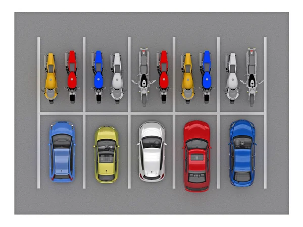 Parkování aut a kol pohled shora 3d vykreslování — Stock fotografie