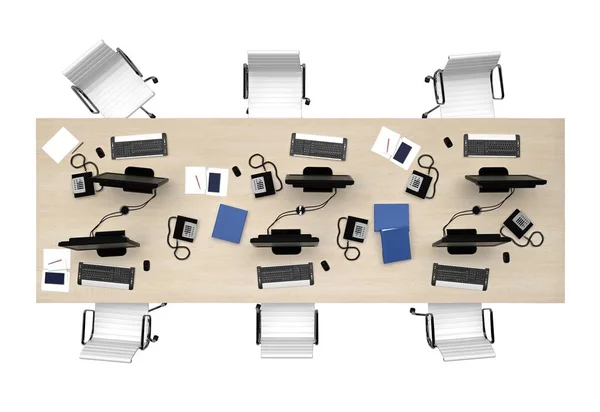 Table de bureau groupe de travail vue de dessus isolé sur le rendu 3d blanc — Photo