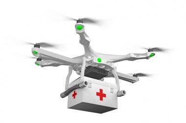 Helikopter beyaz 3d render izole ilk yardım kiti ile