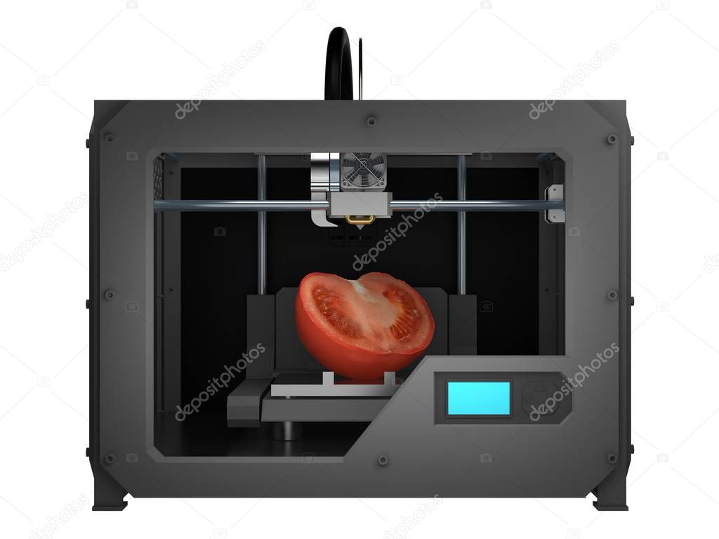 tomato in 3d printer isolated on white 3d rendering