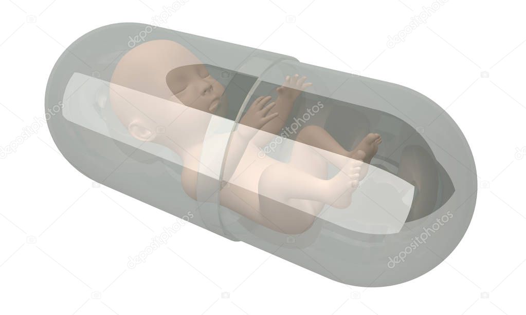 fetus inside pill capcule 3d rendering