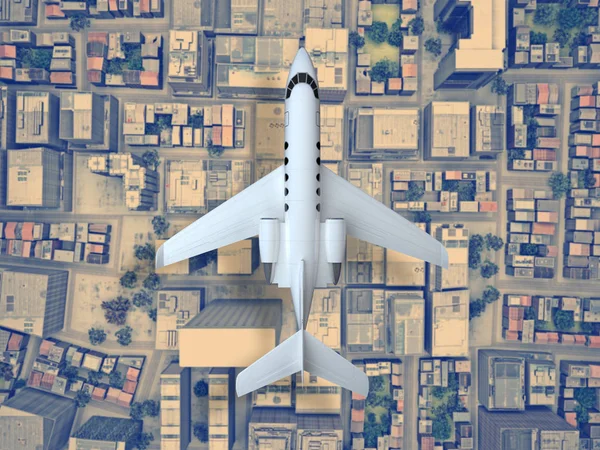 Samolot Lot nad miastem. Widok z góry. renderowania 3D — Zdjęcie stockowe