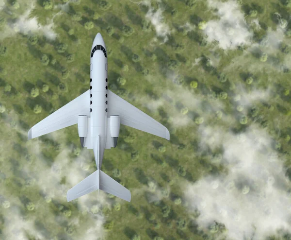 Приватний літак літає над лісом з хмарами. вид зверху — стокове фото