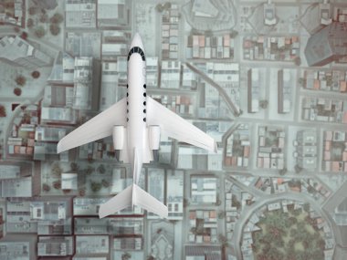 şehir üzerinde uçak fly. Üstten Görünüm. 3D render