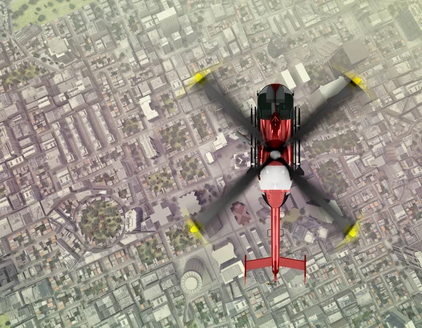 Вертоліт літає над містом — стокове фото