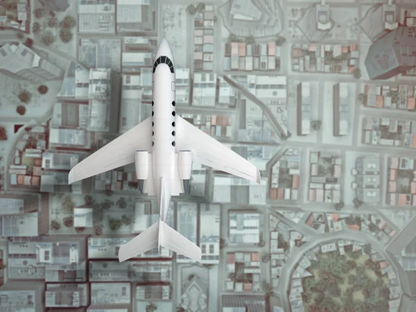 Αεροπλάνο που πετούν πάνω από πόλη. το Top view. 3D rendering — Φωτογραφία Αρχείου