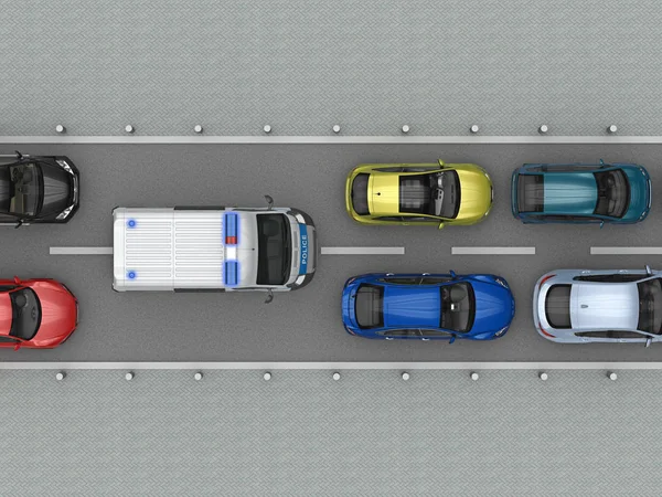 Polis arabası yolda trafik sıkışıklığı mevcuttur