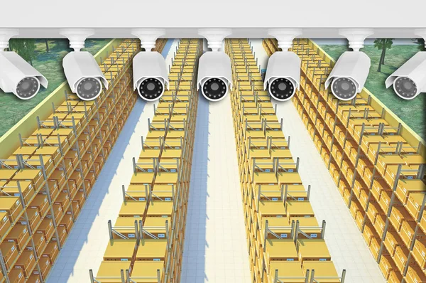 Video cameras above full warehouse — Stock Photo, Image