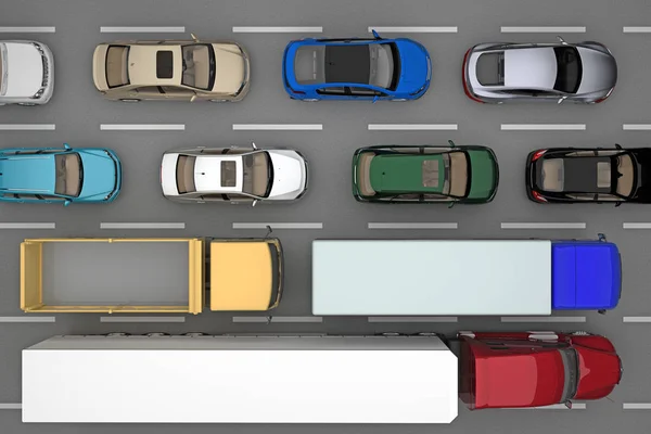 Otomobil ve kamyon üst görünümden yolda trafik arka plan — Stok fotoğraf