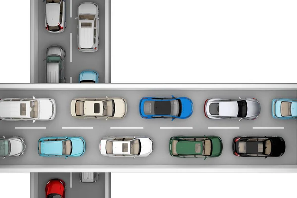 Hintergrund des Autoverkehrs auf zwei Straßen von oben — Stockfoto