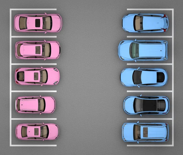Паркінг з рожевими і синіми автомобілями — стокове фото