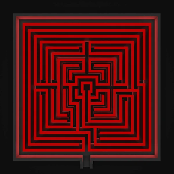 Labirinto vermelho quadrado sobre um fundo preto — Fotografia de Stock