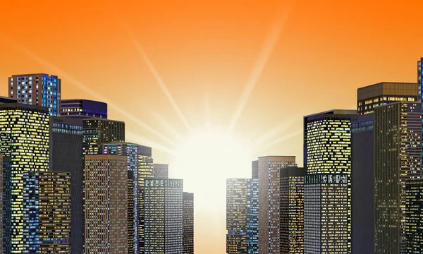 Panorama da cidade ao pôr do sol com sol — Fotografia de Stock