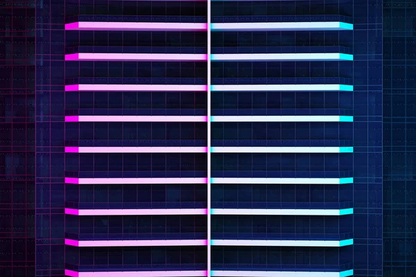 Fachada de vidro é iluminado em azul e rosa — Fotografia de Stock