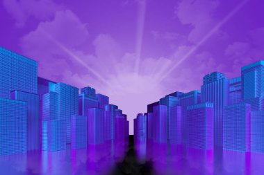 Mor gökyüzü olan mavi gökdelenler