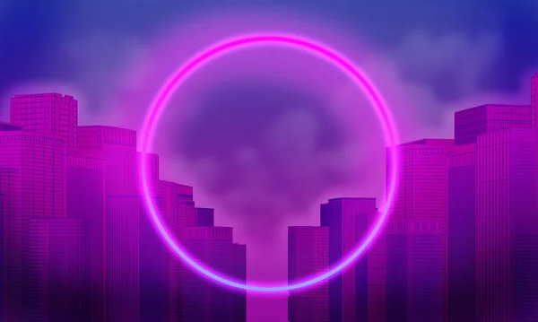 Neon ring on background of purple city with blurry clouds — Stockfoto
